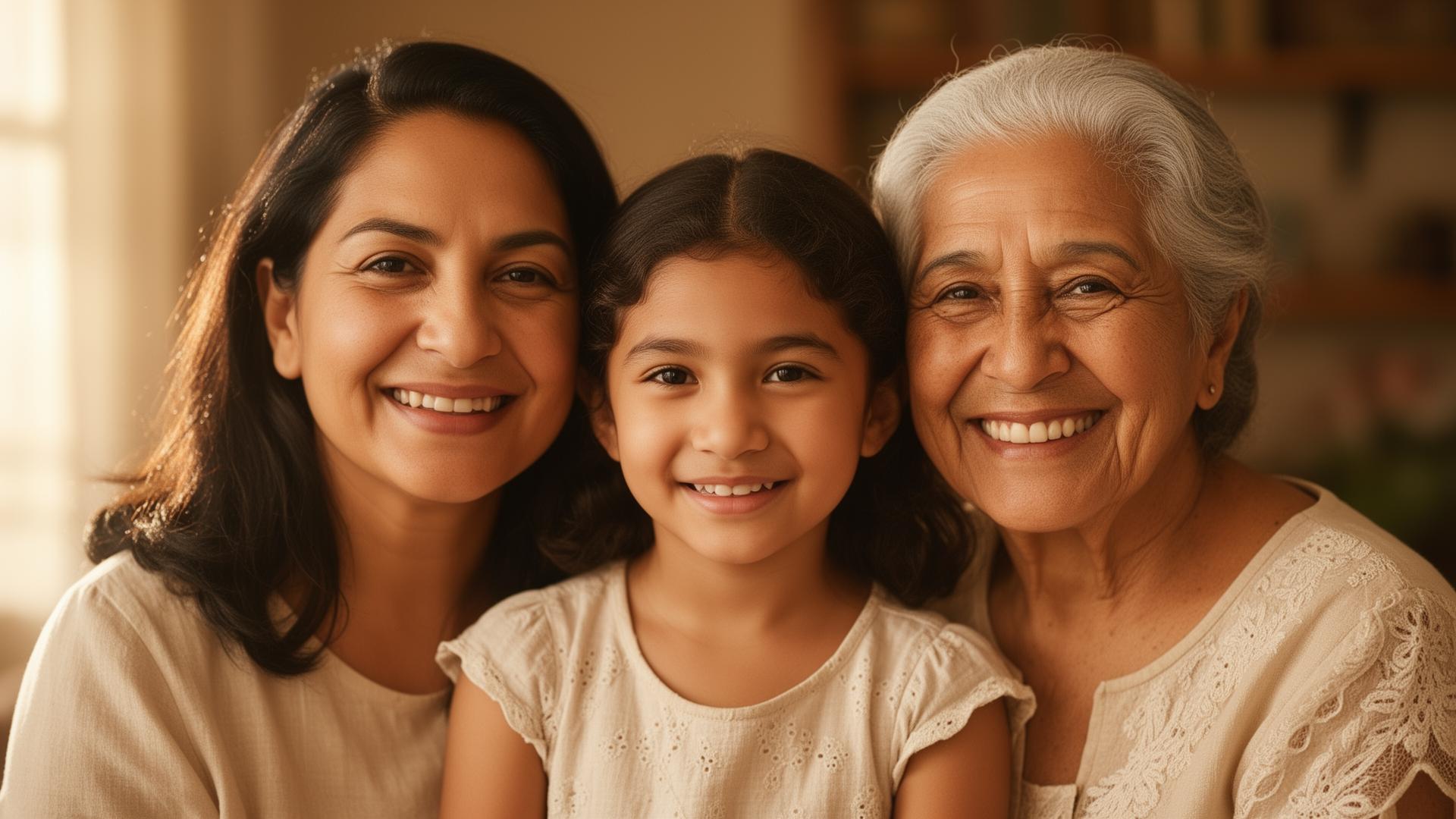 Familia hispana sonriendo en casa